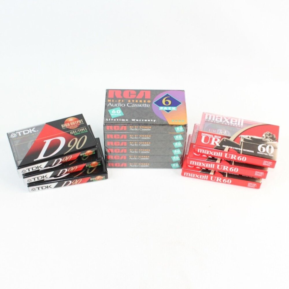 Lot of 12 New Sealed Blank Audio Cassette Tapes  Maxell UR 60 TDK D 90 RCA HiFi